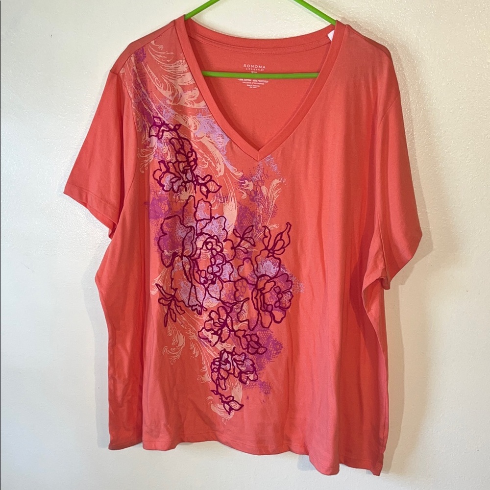 Sonoma Pink and Purple Floral V-Neck Tee